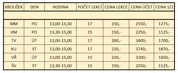Přehled informací kroužky 2019-2020